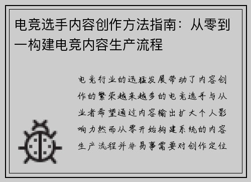 电竞选手内容创作方法指南：从零到一构建电竞内容生产流程